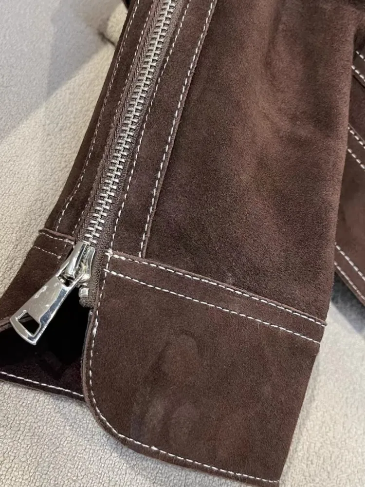 새로운 스타일 패션 정품 가죽 스웨이드 여성 짧은 재킷 지퍼 턴다운 칼라 진짜 양가죽 레트로 코트 오피스 레이디 오버코트