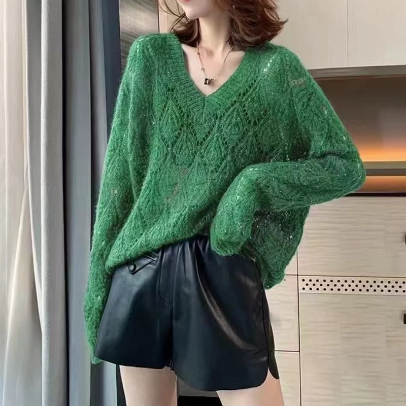 V-neck Sweater Women Take Knit Sweater Tops Lazy Wind Bottoming Spring and Fall New Loose Hollow Diamond Grid Sexy