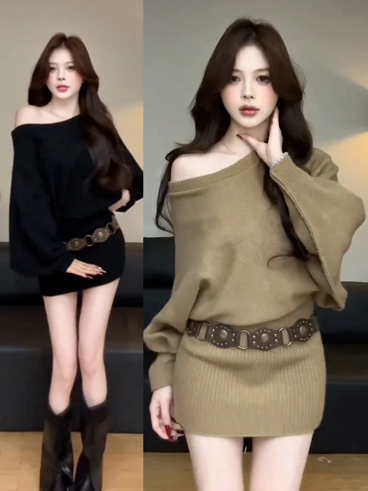 

2025 New Korean Sle One oulder Long Sve Knitted Dr Women's Autumn Winter Inner Wear Sweater Bodycon ort Skirt
