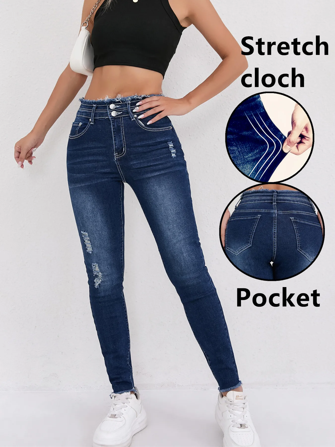 レディース ハイウエスト ストレッチ ジーンズ 欧米風トレンド カットオフ裾 ダメージ加工 ダブルボタン ワイドレッグ カジュアル ストリートスタイル ファッション