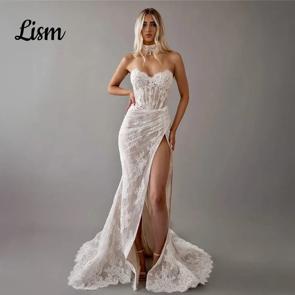Lism Customized Glamorous Strapless Lace Wedding Dress with Side Split Draped Detail Elegant Bridal Dress for Wedding Reception