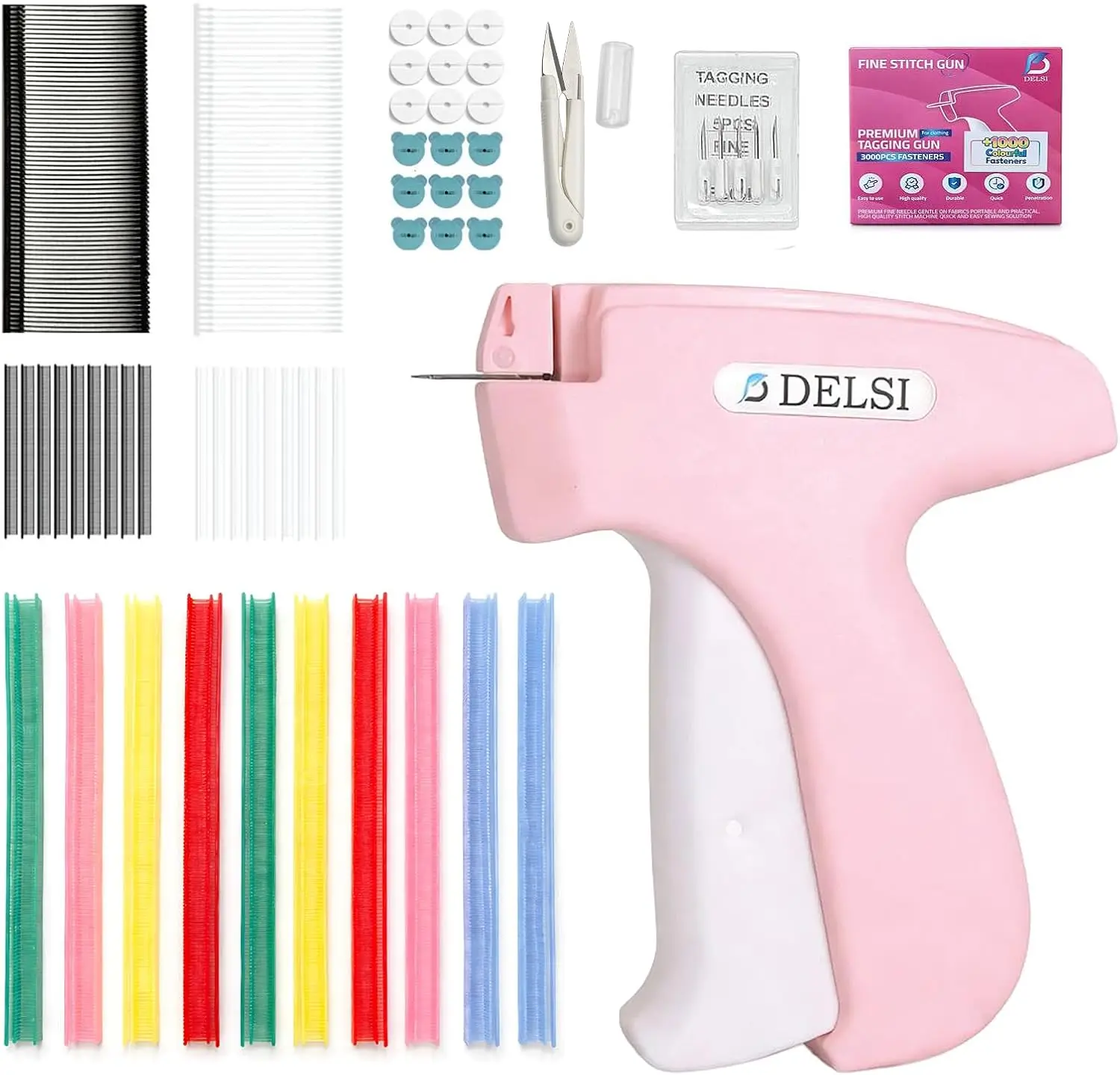 

Stitch Gun for Clothes, Handheld Tagging Gun Kit, Dual Size Fasteners (5mm & 25mm), Quick Clothing Fix Tool, 6 Needles, 4000 Fasteners, 100 Silicone Buttons