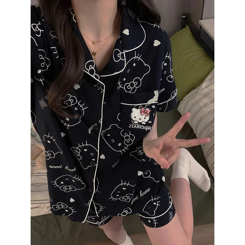 Hello Kitty Printed Short Sleeves Pajamas Anime Cartoon Sanrio Women Summer Short Sleeved Shorts Cardigan Pajamas Home Clothing