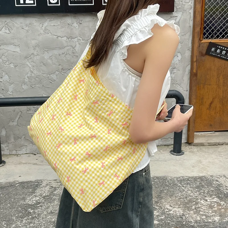 Candy Color Plaid Women\'s Shoulder Bags Large Capacity Women\'s Shopping Bag Cute Bowknot Female Travel Handbags Book Tote Purse