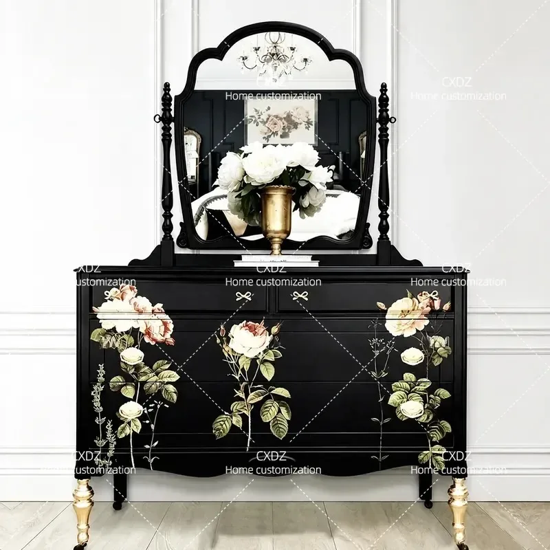 Painted Rose Black Solid Wood Makeup Table Retro Bedroom Dresser Medium Antique Vanity with Mirror