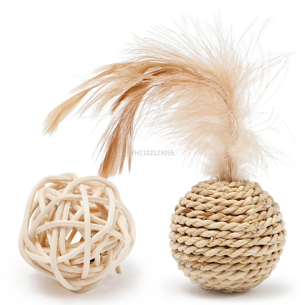 2pcs Cat Toy Pet Rattan Ball Cat Toy Funny Faux Feather Cat Bell Ball Kitten Playing Interactive Ball Toys Pet Supplies