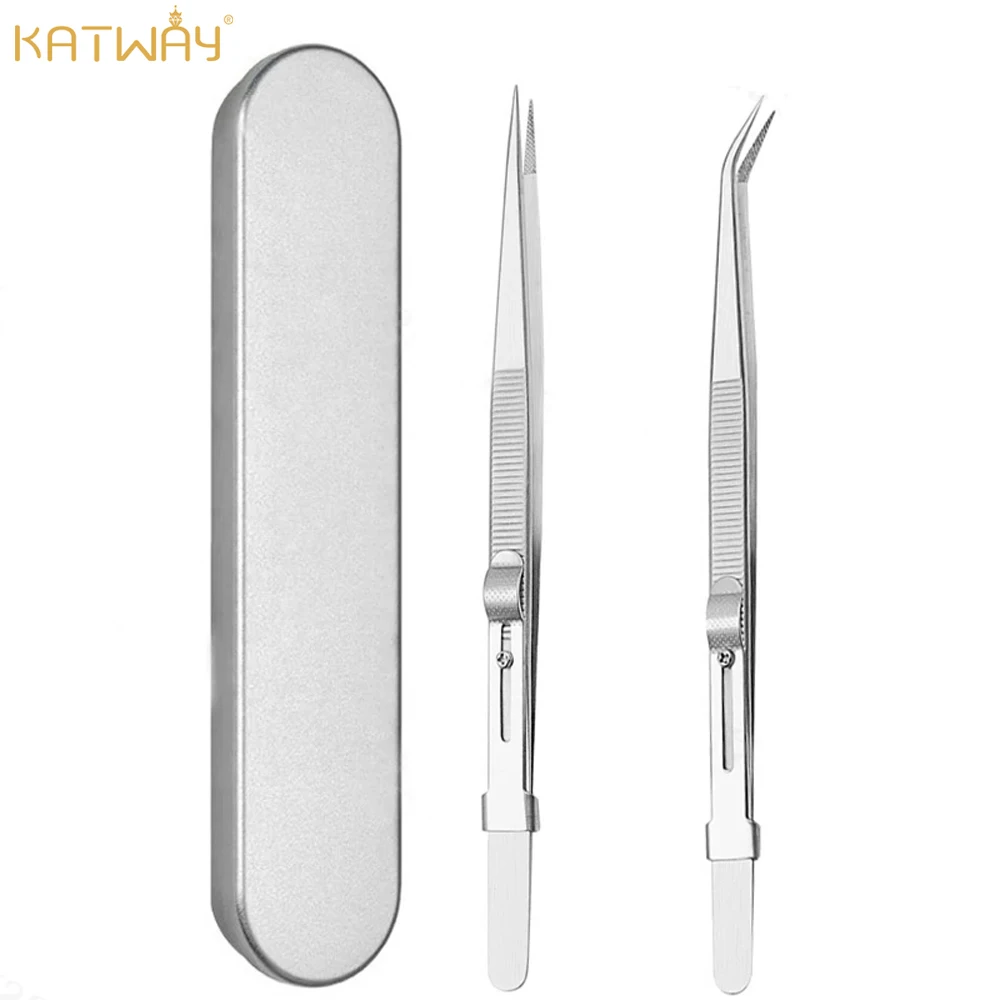 

KATWAY Jewelry, Precision Stainless Steel Tweezers 2pcs Straight and Curved Fine Tip Locking Non-Slip Tweezers HH-AA17