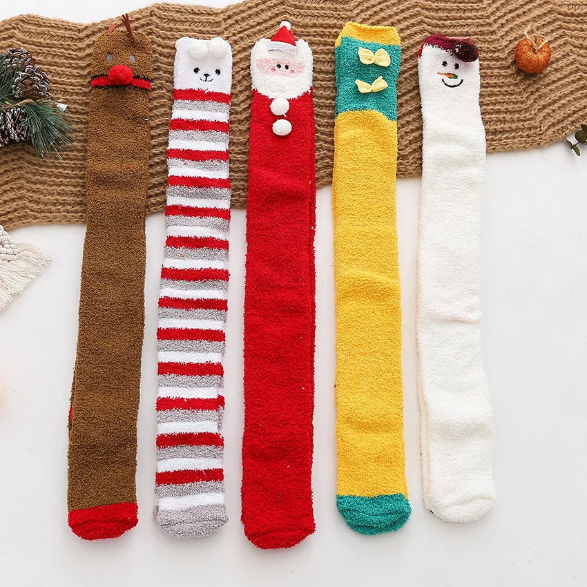Christmas Women's Thickened Plush Warm Floor Over Knee Socks Fall Winter White Red New Year Socks Set Fluffy Socks for Girls