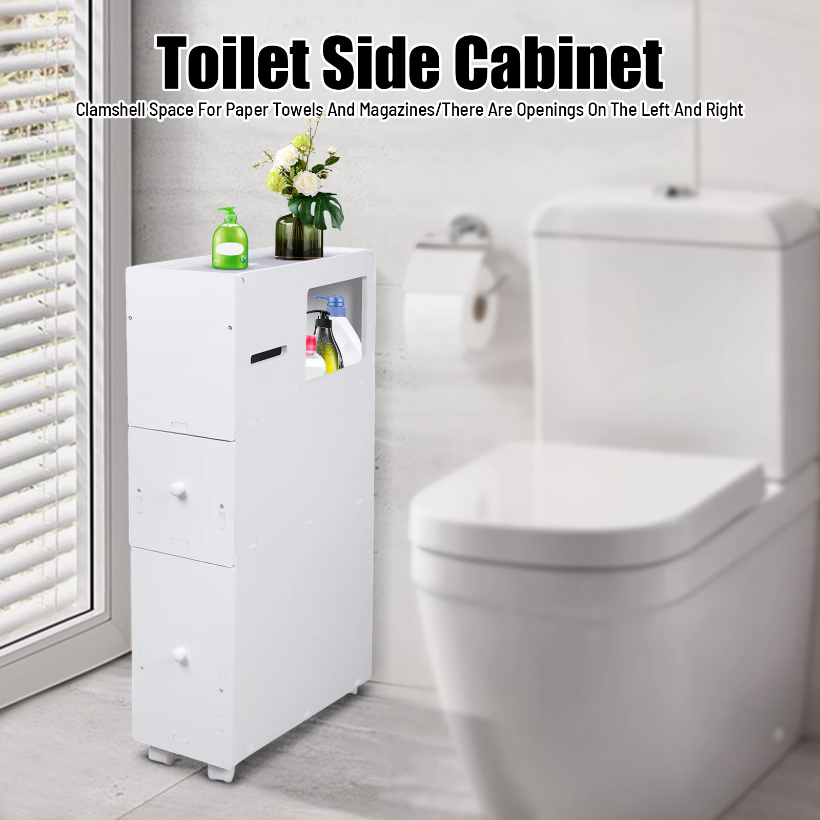 Side 4 Layer Narrow Storage Toilet Receive Bathroom Cabinet Movable Floor-To-Ceiling Low Shees White