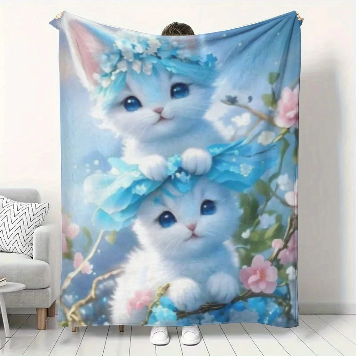 1pc All-Season Flannel Blanket - Soft & Warm Lightweight Throw with Two Cute White Kittens in Blue Floral headbands, Pastel Flor