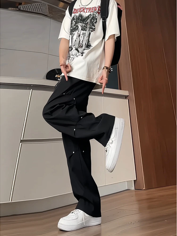 

Bla Ice Silk Drapey Men's Summer Casual Pants Folded Design Sense Rivet Workwear Trousers Faionable Youth Active Sle