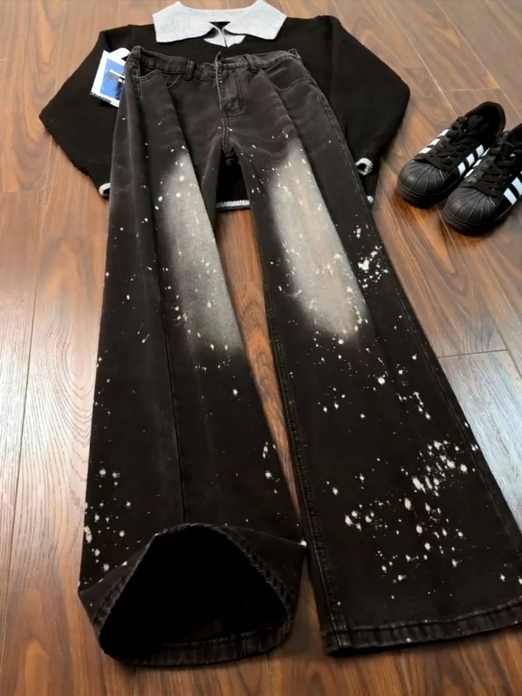 

Bla American Retro Splatter Denim Jeans Men's Trendy High Street Vibe Straight Leg Micro Flare Pants Clean Fit