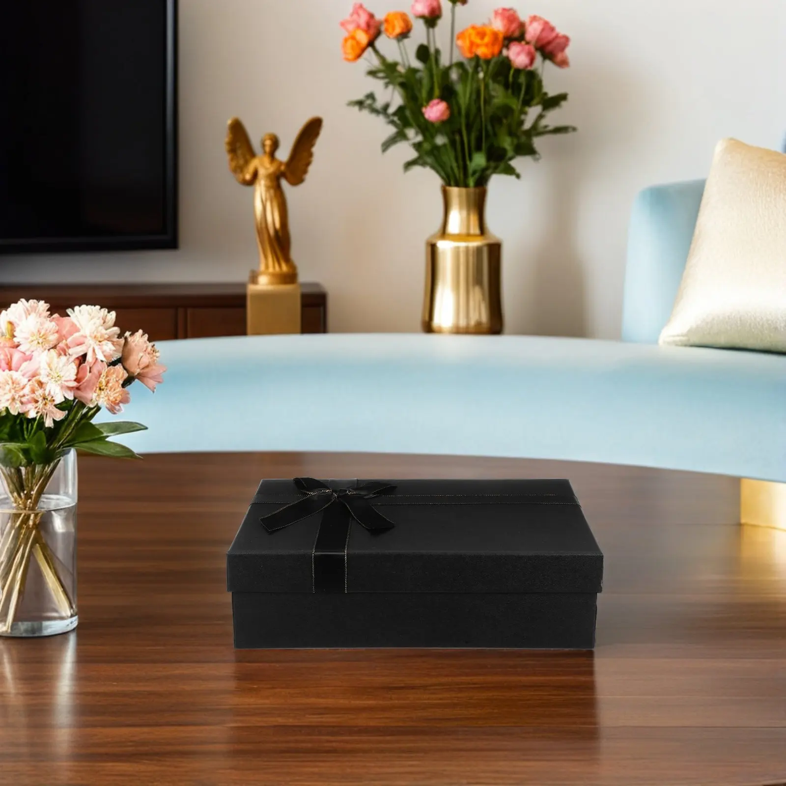 Elegante Caja de Presentación Negra con Tapa y Detalle de Lazo, Incluye Relleno Protector, Perfecta para Anillos, Bombones, Flores