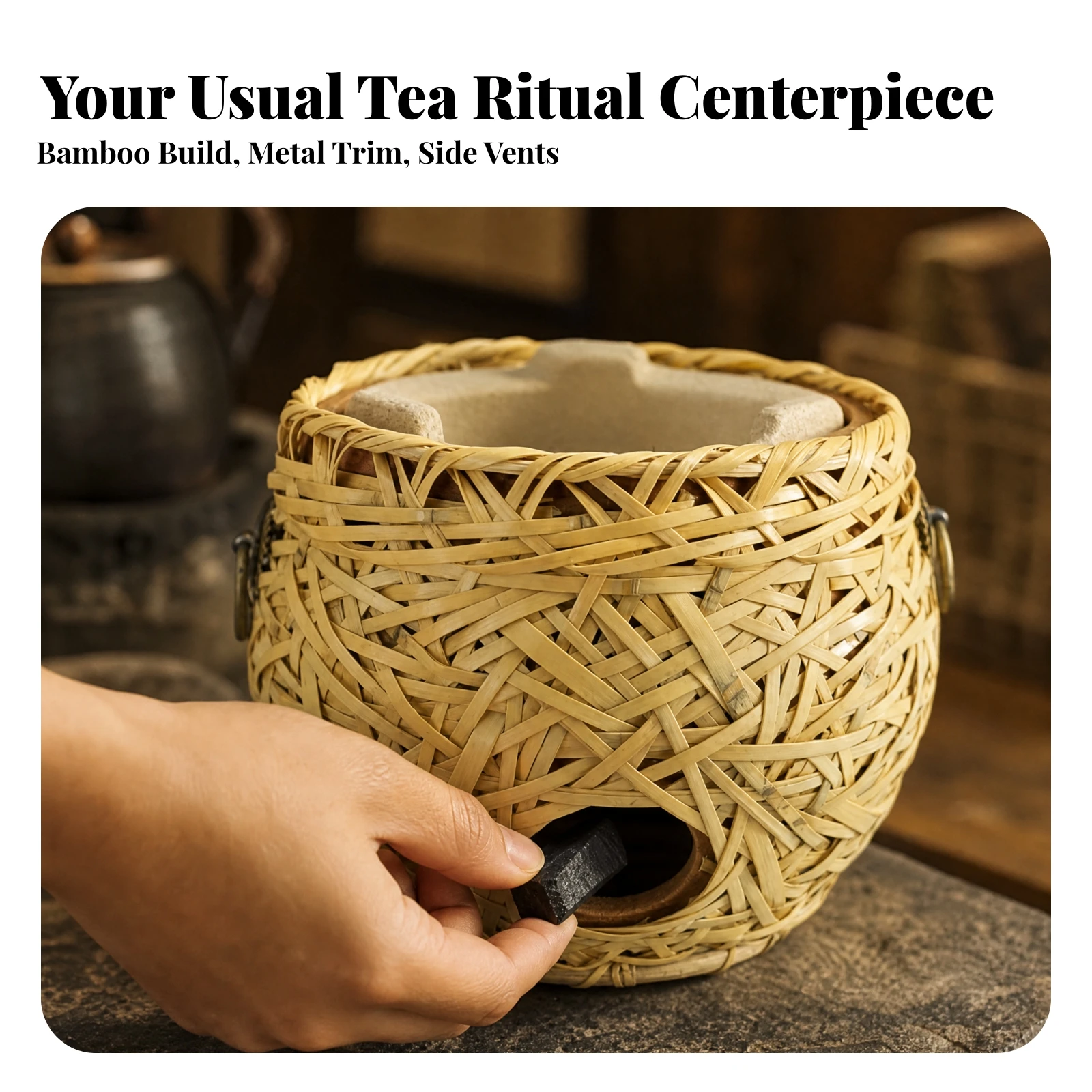 Indoor Tea Hearth Brazier Handmade Bamboo-Woven Charcoal Brazier Portable