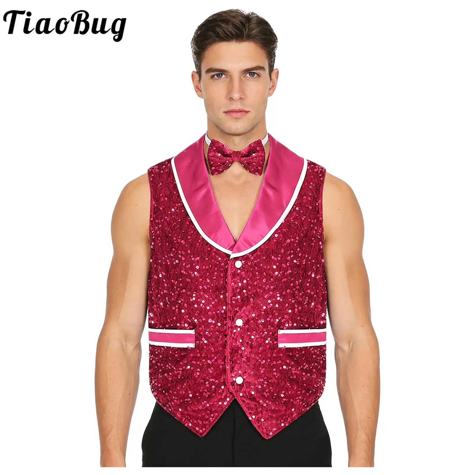 

Men Glitter Jazz Latin Rumba Dance Waistcoat Vest and Bow Tie Lapel Sequined Tank Top Dancewear for Club Cocktails Wedding Party