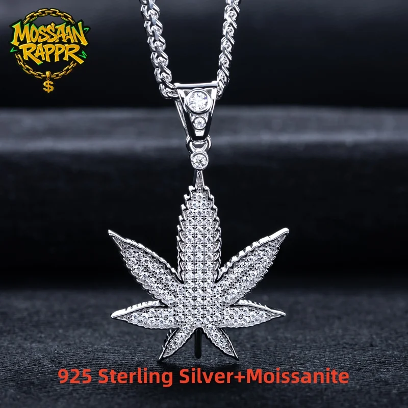 

MossanRappr Moissanite Hemp Leaf Pendant Iced Out Big Maple Necklace 925 Sterling Silver D Color Fashion Hip Hop Jewelry for Men
