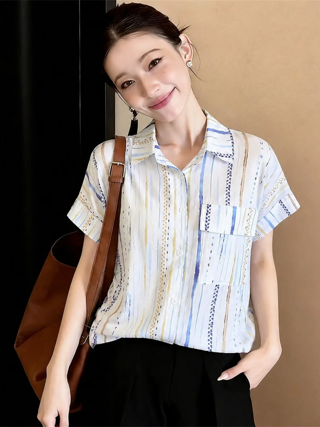 

Korean Style Striped Short Sleeve Shirt Color Block Design Single Button Fashionable Versatile Summer 2026 Women's Silk Top