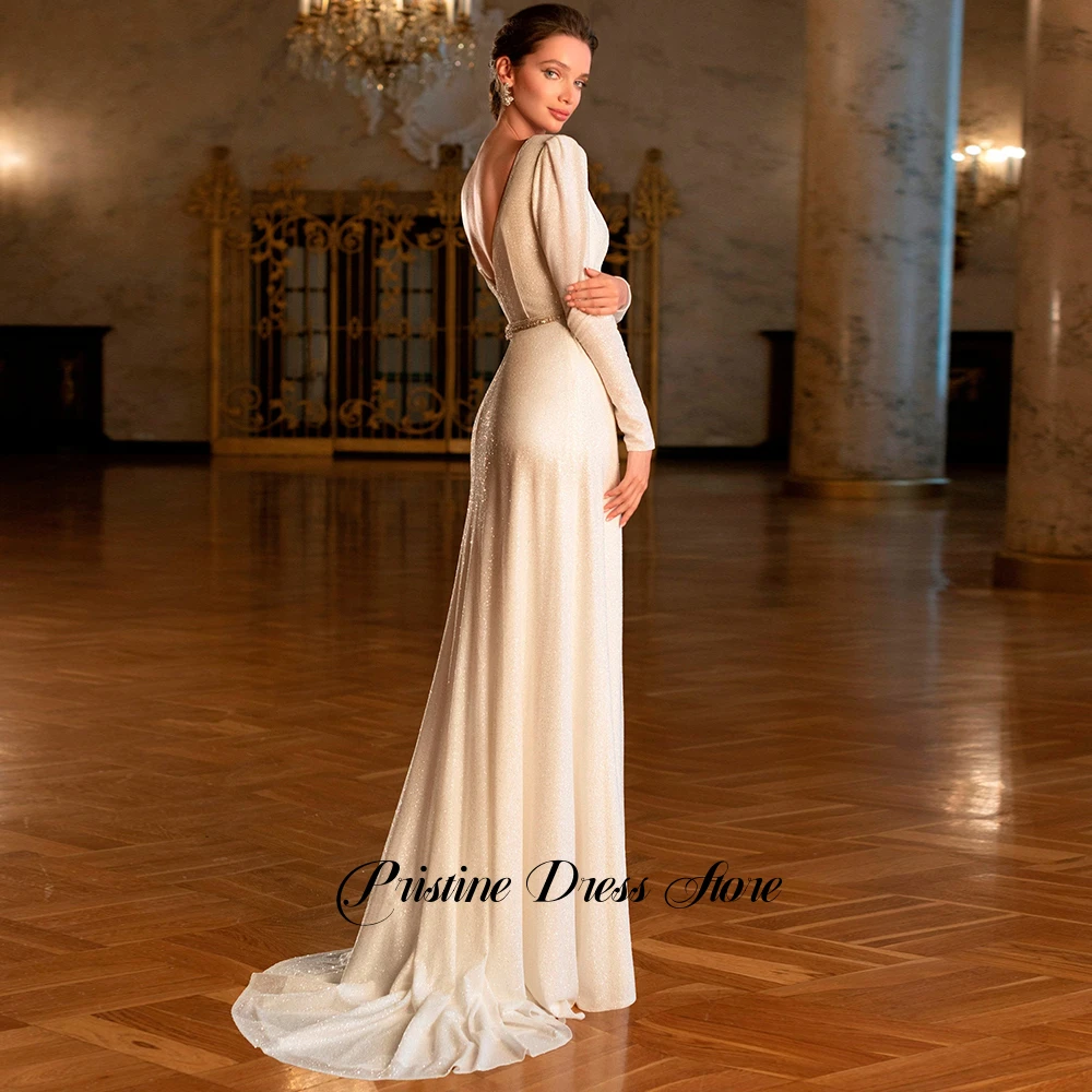 Elegant Women Wedding Dress Customized Long Sleeves Sparkly Tulle Deep V-neck Bridal Gowns with Beading Sashes Sweep Train