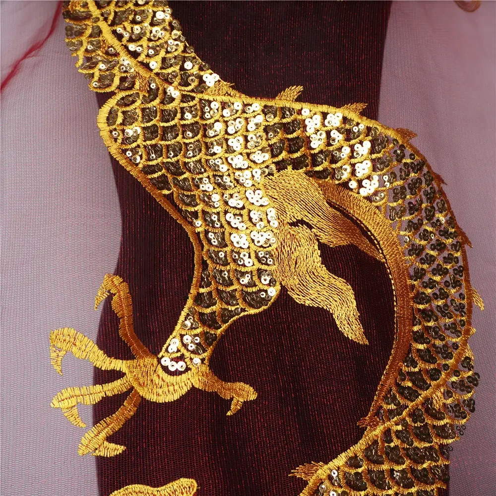 Gold Sequins Chinese Dragon Red Mesh Embroidered Wedding Gown Appliques Lace Trims Sew On Patch For Dress DIY Decoration