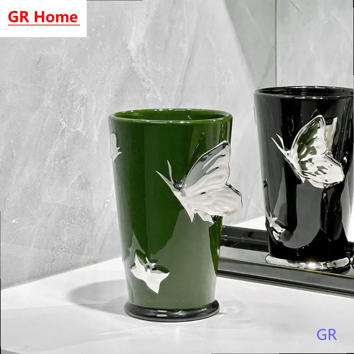 Light Luxury Butterfly Ceramic Rinsing Cup Set with Twisted Silver Stand for Bathroom Toothbrush Holder