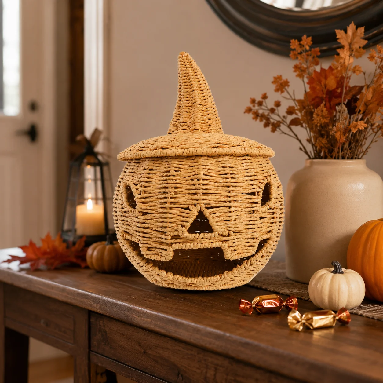 Halloween Pumpkin Candy Basket Woven Jack Lantern Trick Treat Bucket Handmade Witch Party Decor Gift Home Ornament
