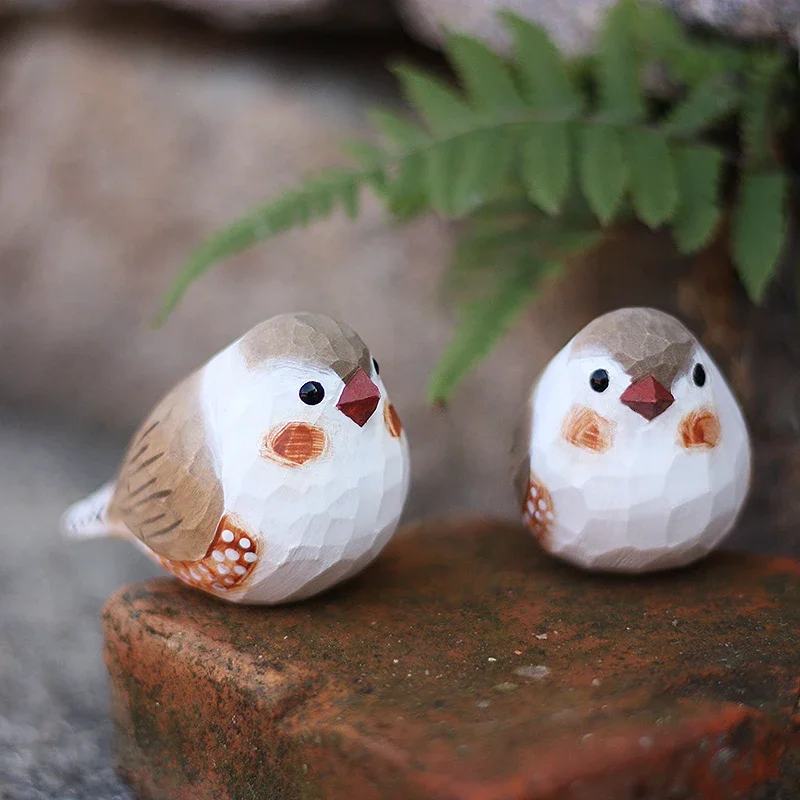 Pearl bird wood carving ornament Zebra finch bird handmade solid wood crafts small fat bird home decoration