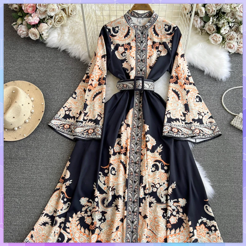 

Ethnic Style Stand Collar Floral Royal Long Women's Maxi Dress Spring Autumn Long Sleeve Elegant Long Female Dresses Платье