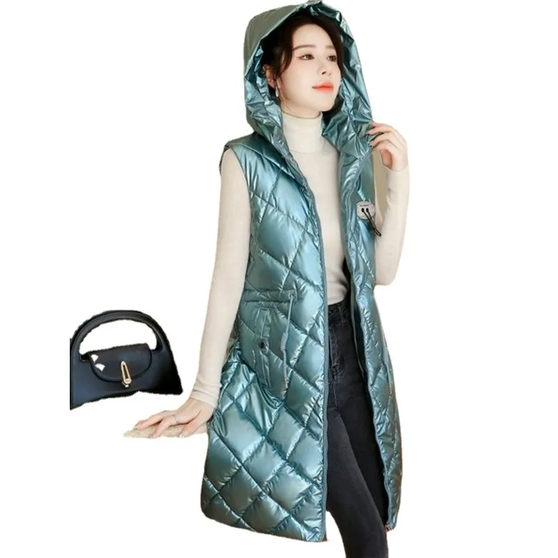 New 2023 Women Winter Glossy Cotton Vest Jacket Hooded Warm Padded Long Coat Fashion Female Waistcoat Outerwear Loose Parka