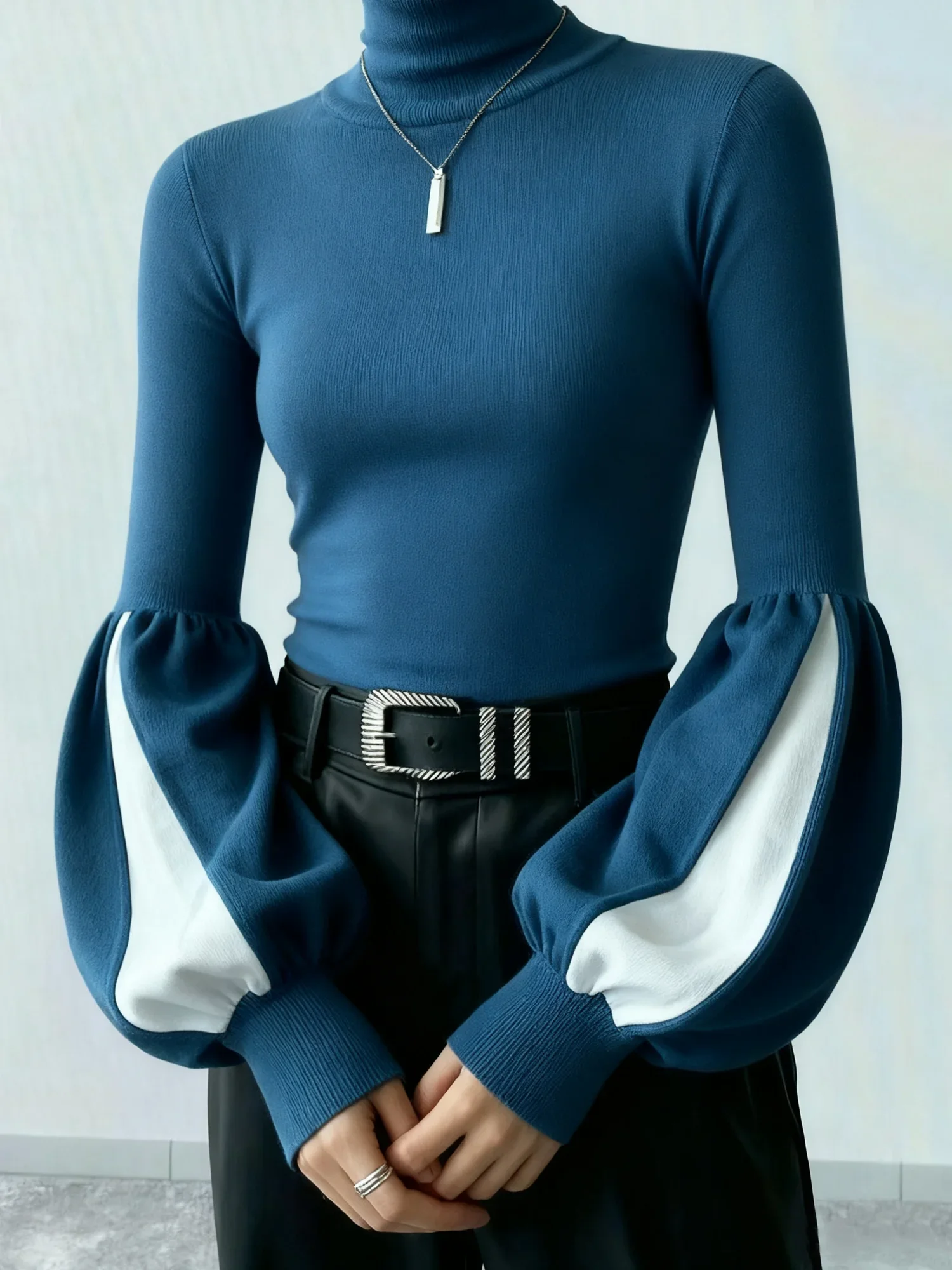 Modigirl 2026 Spring Women's Turtleneck Knit Top Contrast Puff Sleeve Slim-Fit Sweater Retro Elegant Office & Date Wear Woman