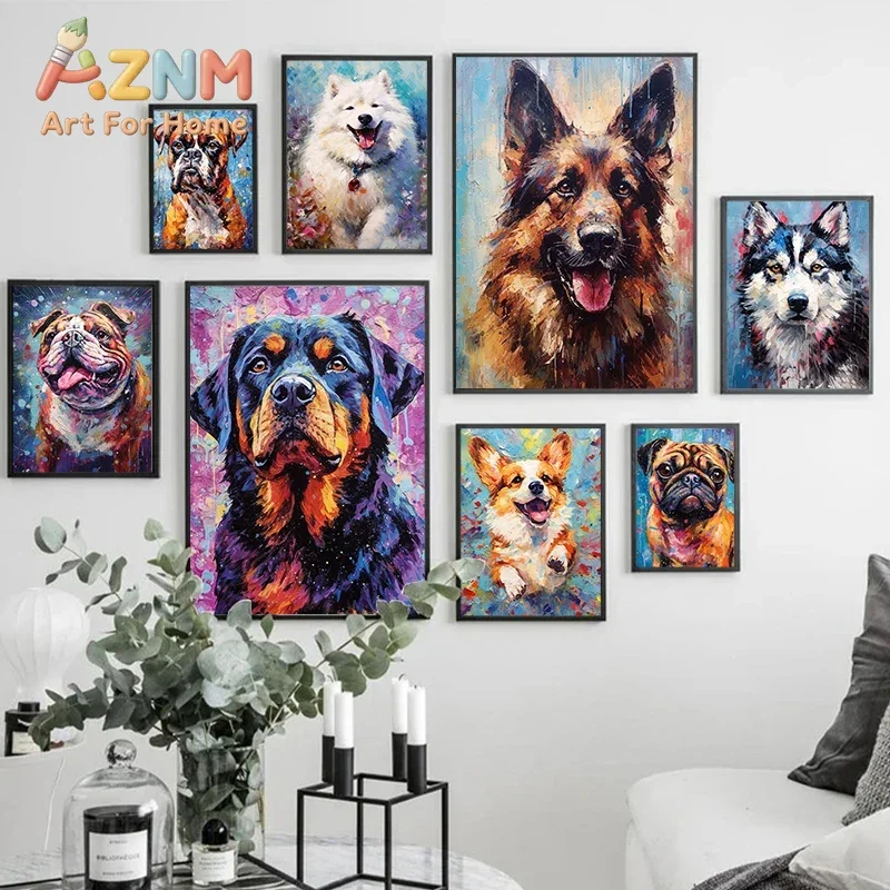 Colorful Lovely Dog Painting Canvas Poster German Shepherd Samoye Wall Art Pictures for Living Room Bedroom Modern Home Decor