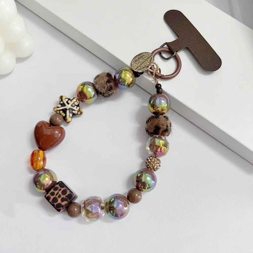 

Personalized and Creative Plush Sea Star Leopard Pattern Short Handheld Chain Square Beaded Wrist Strap with Clip for Phone Case