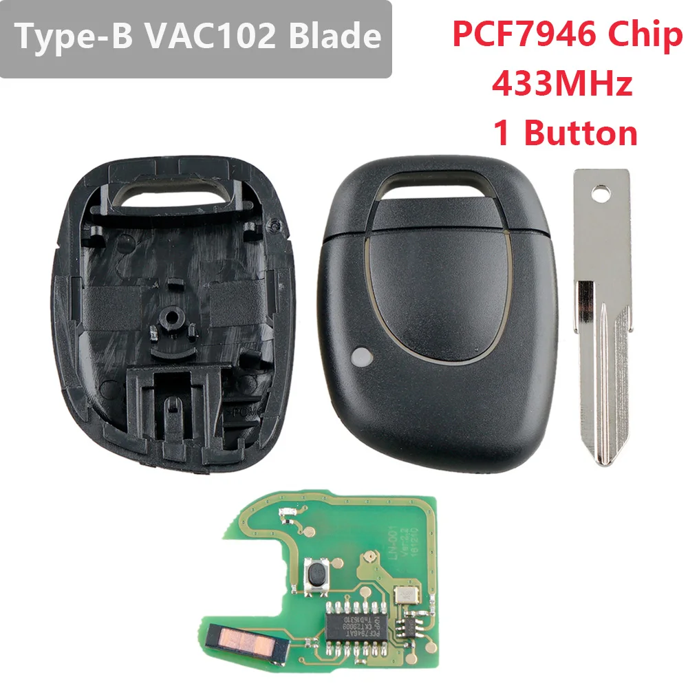 1Button Remote Car Key Case Key Shell Fob with NE72/VAC102 Blade with PCF7946 Chip Fit for Renault / Kangoo /Clio/Twingo