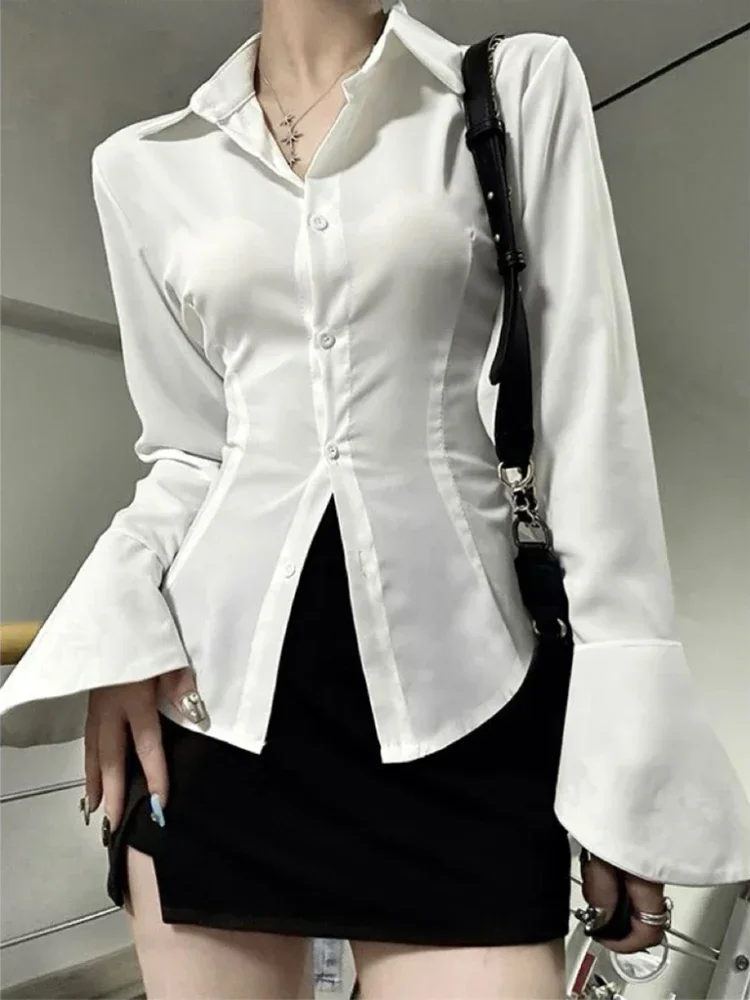 

Spring Summer New Sexy Slim Flared Sleeve Women Shirt Solid Lapel Single-breasted Back Bandage Tunic Female Blouses