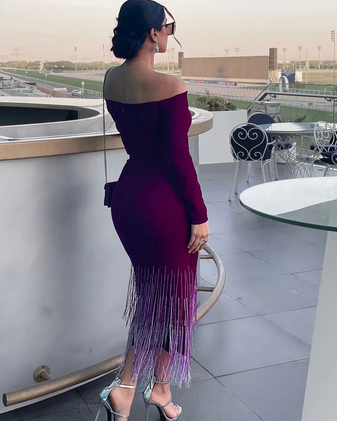 Off Shoulder Tassels Prom Dresses For Women 2023 Long Sleeves Backless Tea-length Formal Occasion Dresses Arabia Robes De