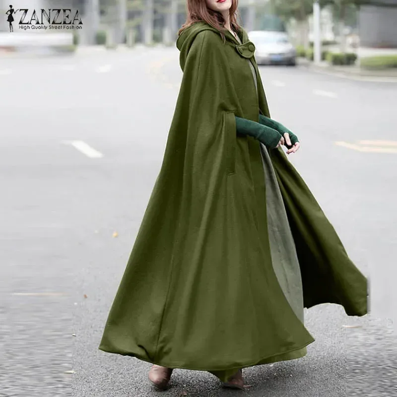 Elegante mantello lungo mantello ZANZEA donna con cappuccio misto lana mantello cappotto autunno felpe con cappuccio poncho caldo giacche cosplay capispalla giacca a vento