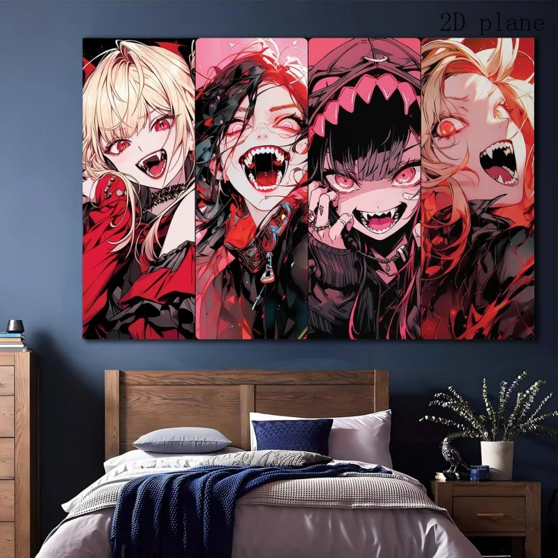 VIKAMA Anime Vampire Girls Tapestry Four Panel Lady Wall Hanging Red Dark Aesthetic Manga Backdrop for Bedroom Dorm Gaming Decor