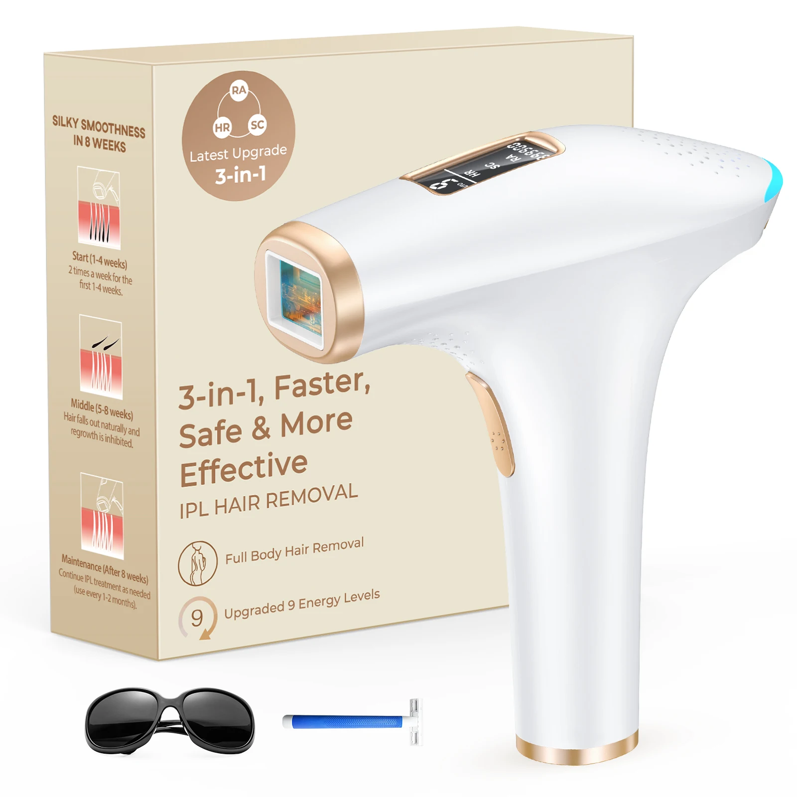 Appareil d'épilation IPL 999900 Flashes, double mode, épilateur laser permanent HR/RA/SC 3 en 1, traitement du corps entier pour femmes et hommes