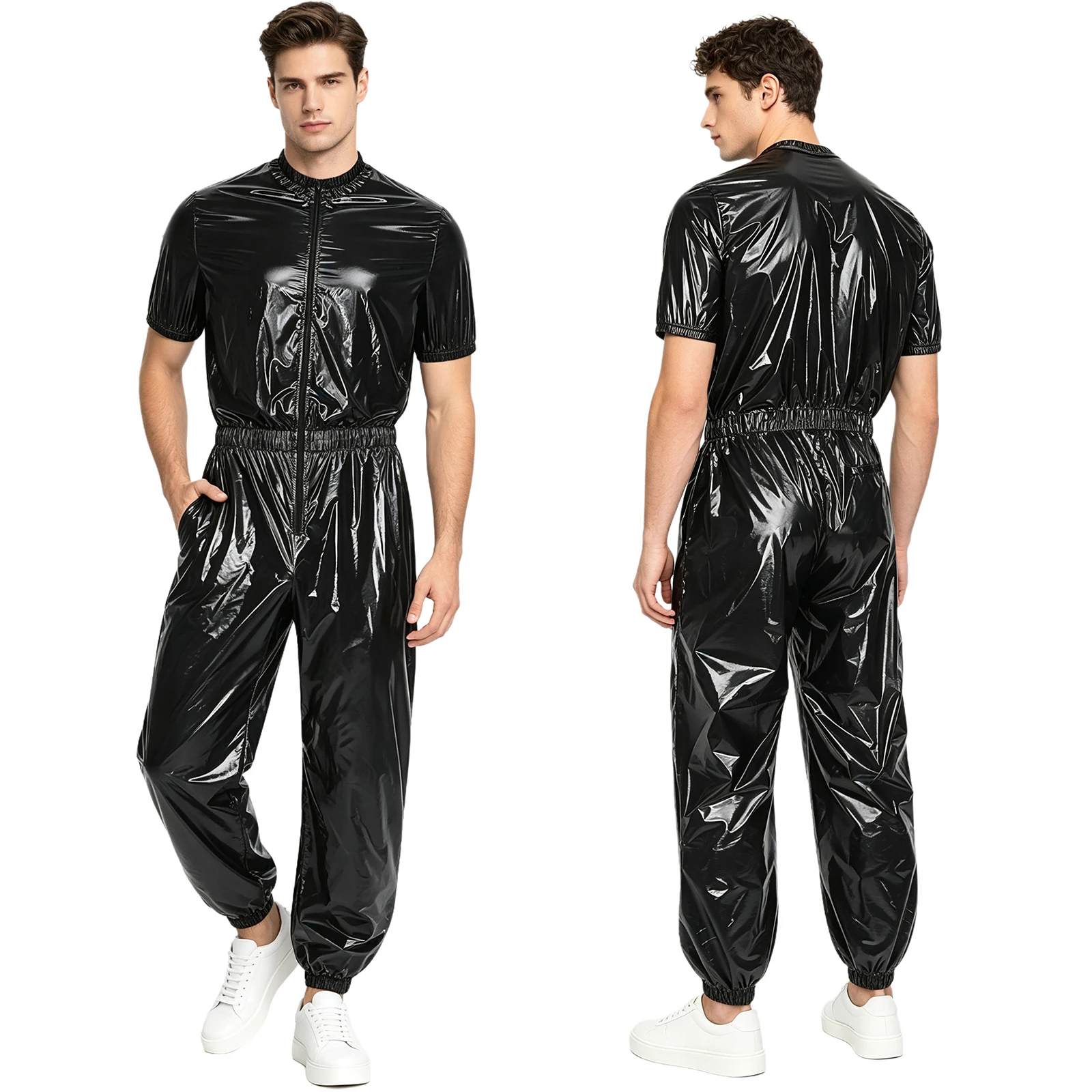 Wasserdichter Herren-Jumpsuit mit kurzen Ärmeln, Reißverschluss vorne, Seitentaschen, Jogginghose, schnell trocknend, atmungsaktiv, für Outdoor-Workouts