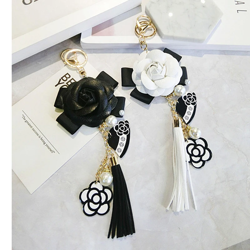 Korean Trendy Fake-Leather Camellia Keychain Long Tassel Car Hanger Bag Key Chain  Element Jewelry Pearls