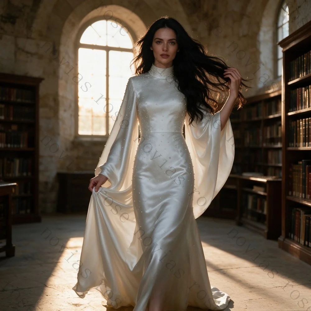 Customized High Necked Satin Muslim Mermaid Wedding Dress Beaded Shawl Long Sleeved Dignified Bridal Gown Suitable for Church