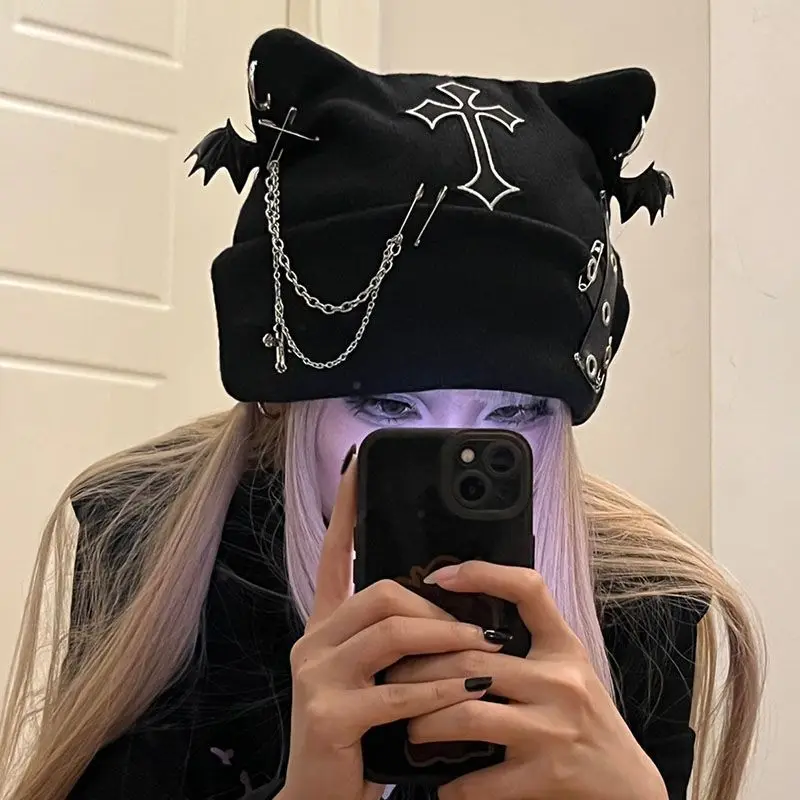 Cross Chain Gothic Knitted Hats Cat Ears Decor Y2k Punk Beanies Bat Wings Design Black Wool Caps Cosplay Y2K Streetwear Hat Girl