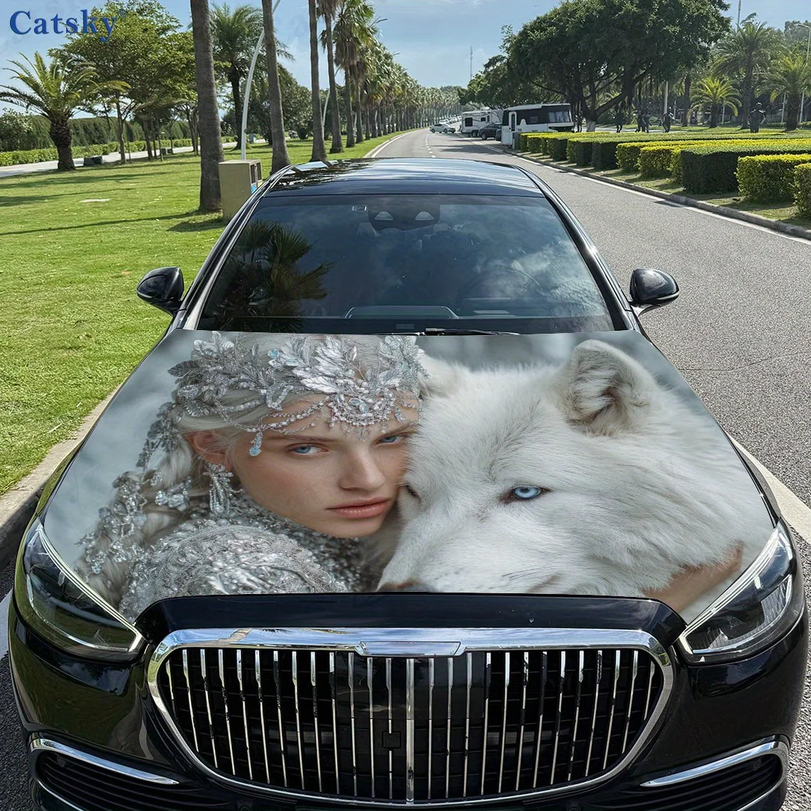 Princess And White Wolf Car Vinyl Wrap, PVC Waterproof Car Hood Sticker, Self-Adhesive Scratch-Resistant Stickers For Engine Cov