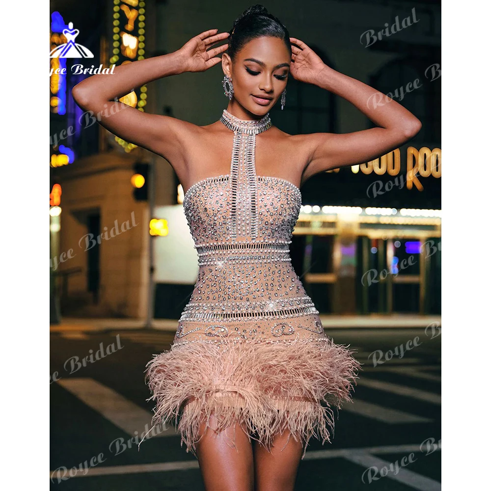 Glam Feather Prom Dress High Halter Rhinestone Mesh Mini Evening Dress Women's formal evening gowns Party Dress Customized