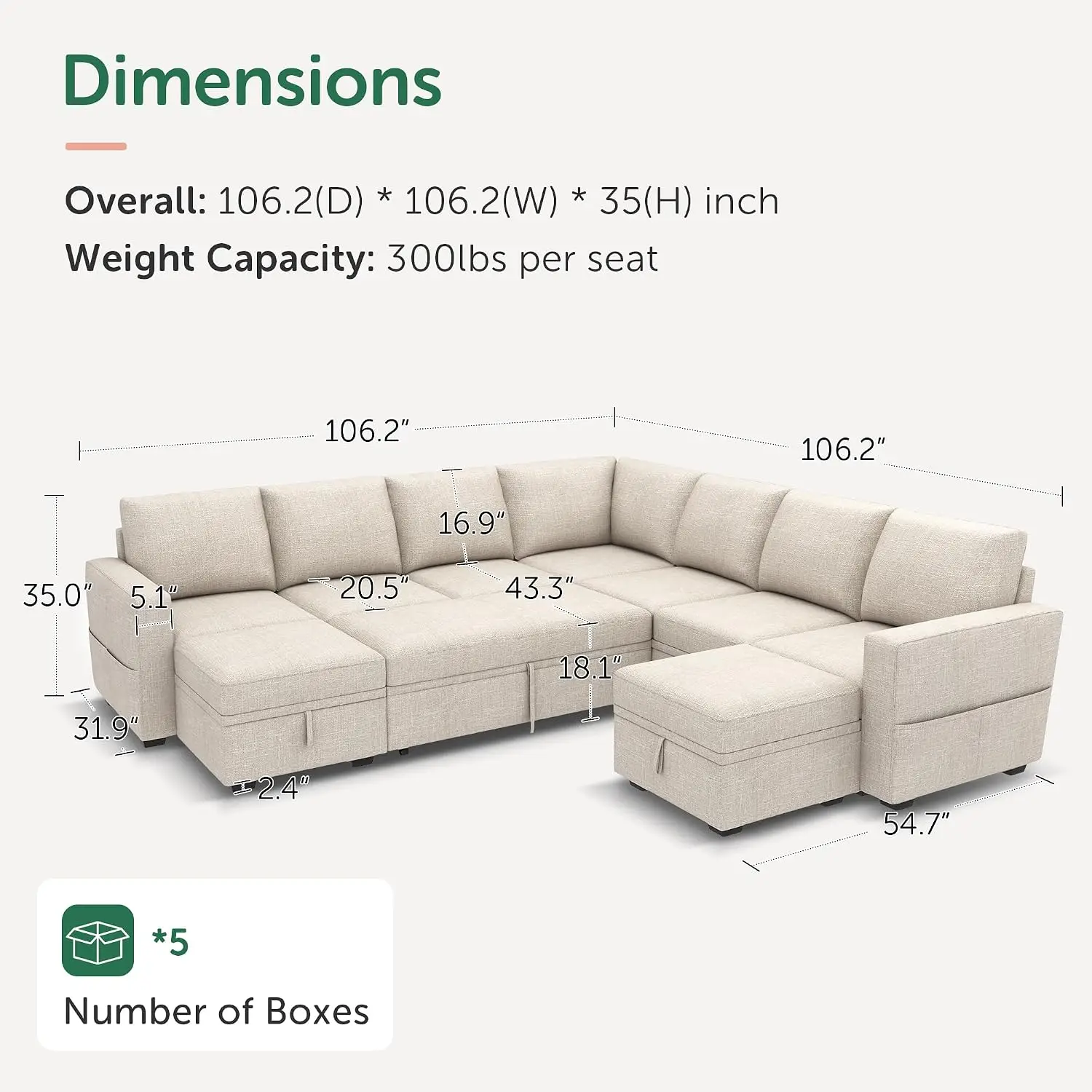 Modular Sectional Sleeper Sofa with Pull Out Bed, Oversized U Shaped Storage Couch for Living Room, Customized