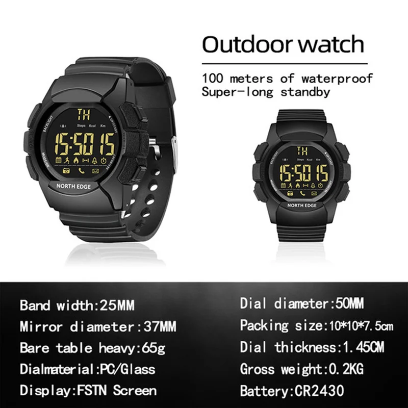 Smart Clock NORTH EDGE AK Led Digital Sport Stopwatches Military Men's Watches 100M Waterproof Multi-function Bluetooth Luminous