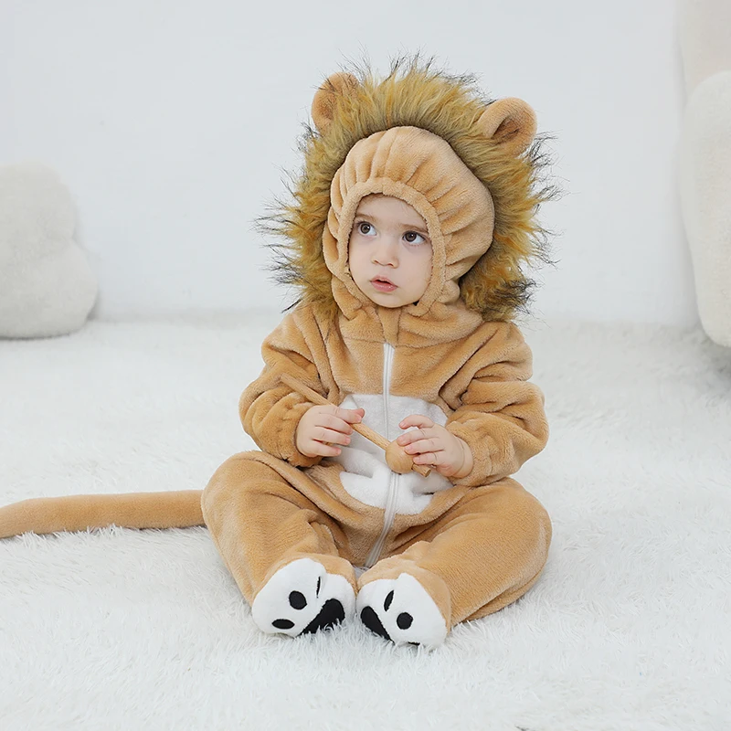 Lovely Lion Baby Girls Clothes Boys Romper Winter Plush Infant Onesie Bodysuit Cosplay Costume Hooded Zipper Jumpsuits