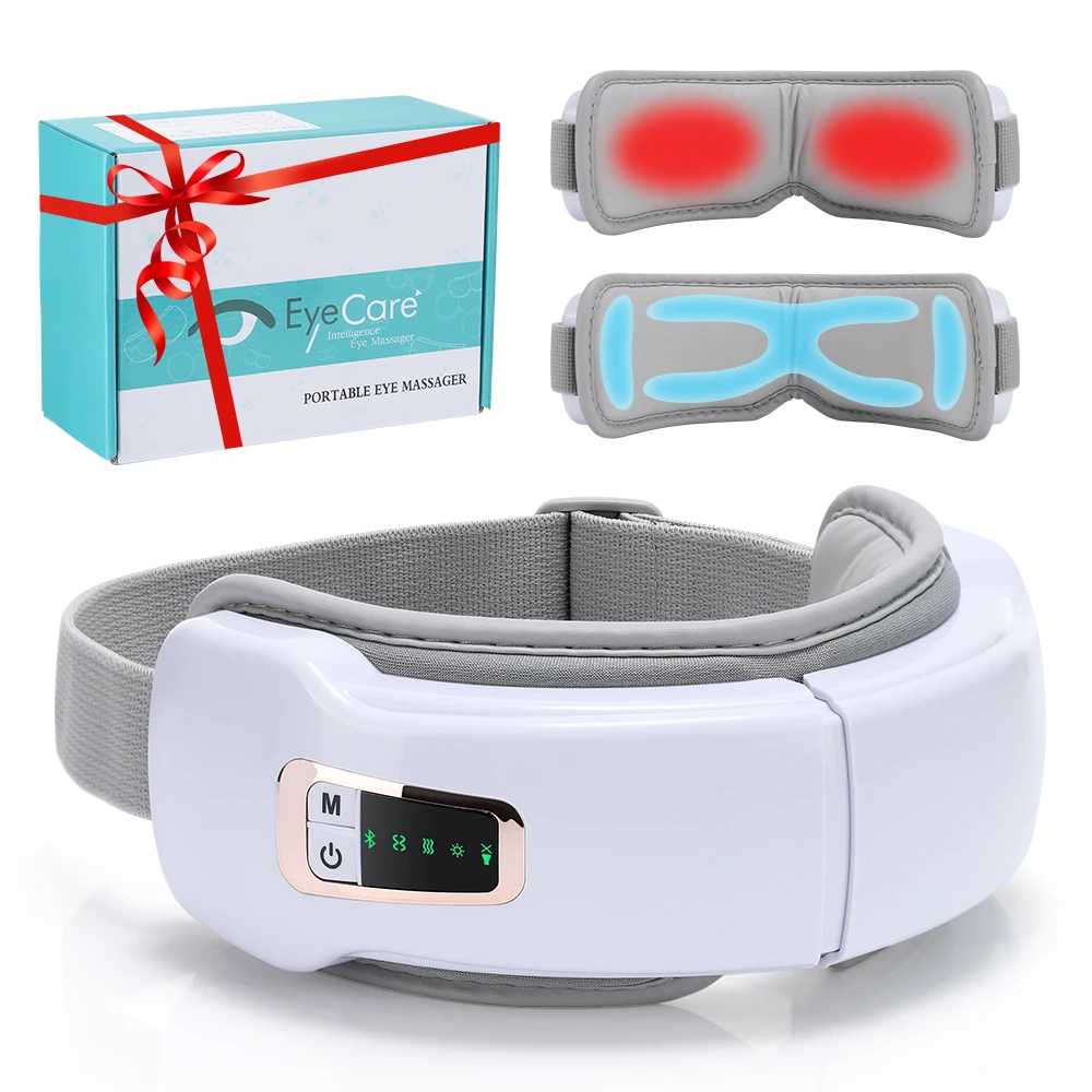 Elektrisches Augenmassagegerät, Luftkompression, Wärme, Vibration, 5 Modi, Bluetooth-Musik, 1200 mAh, wiederaufladbar, 15-Minuten-Timer, 38–42 °C, Graphen-Heizung, faltbare Augenmassagemaske, Schlaf,