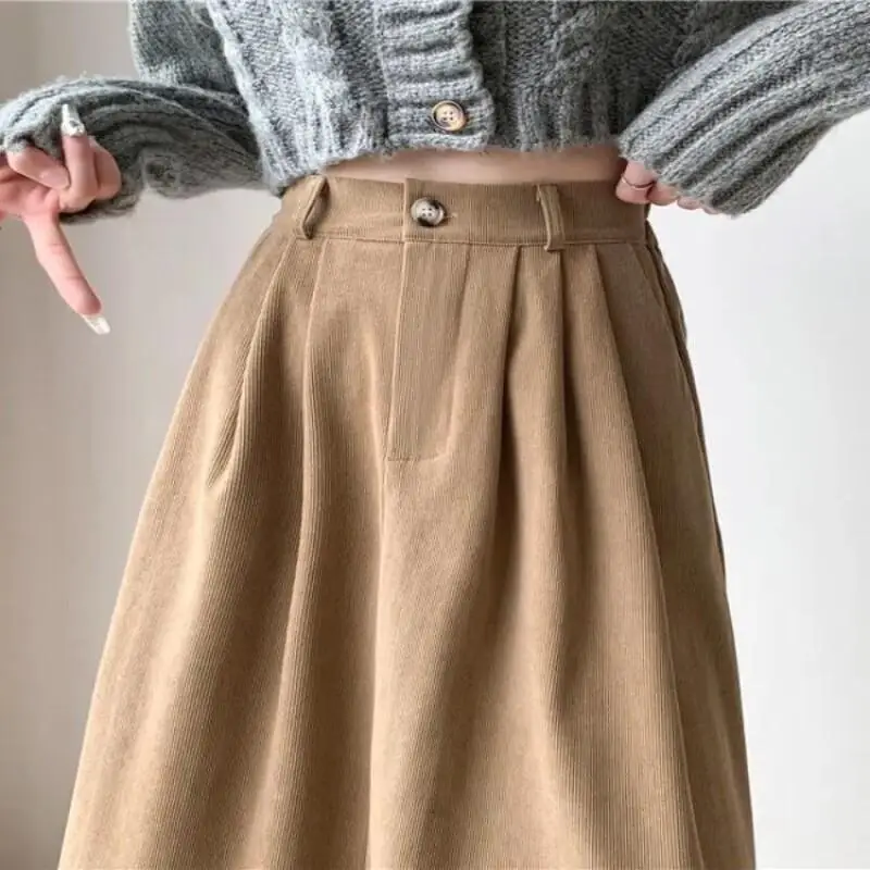 レトロコーデュロイスカート女性ハイウエストミディ A ラインプリーツスカートミニマリスト黒スカート女性のためのカジュアル秋冬ファッション