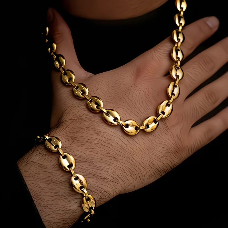Fashion Men Female Gold Color Coffee Bean Beads Chain Necklace and Bracelet Set Stainless Steel Buckle Neck Jewelry for Party