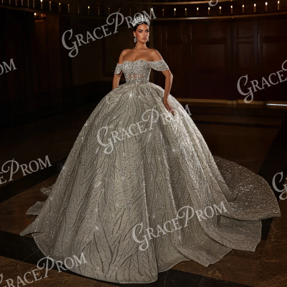 Luxury Royal Off-The-Shoulder Ball Gown Wedding Dress Full Crystal Sequin Embellished Leaf Pattern Bridal Gown With Long Train